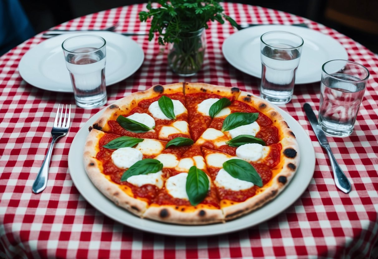 A round margherita pizza on a checkered tablecloth, surrounded by two plates and utensils, with two glasses of water