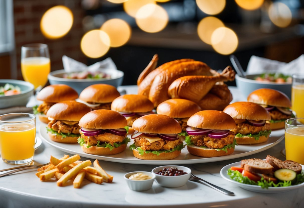 A table set with 20 chicken club sandwiches, surrounded by various dinner ingredients and a rotisserie chicken