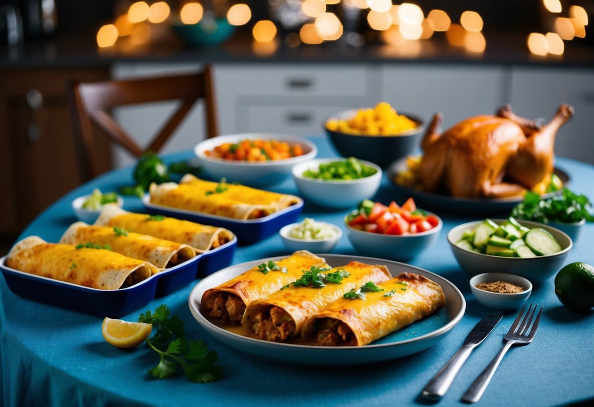 A table set with a colorful array of chicken enchiladas, surrounded by various easy dinner ingredients and a rotisserie chicken