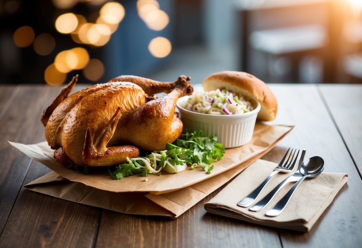 A rotisserie chicken, cole slaw, and dinner roll arranged on a brown paper lunch bag with a napkin and utensils