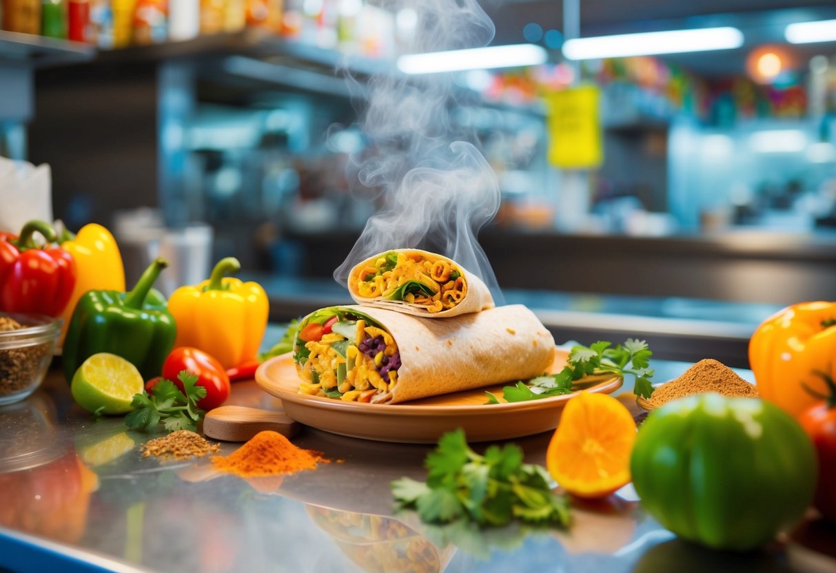 A colorful, steaming burrito surrounded by vibrant spices and fresh ingredients on a busy lunch counter