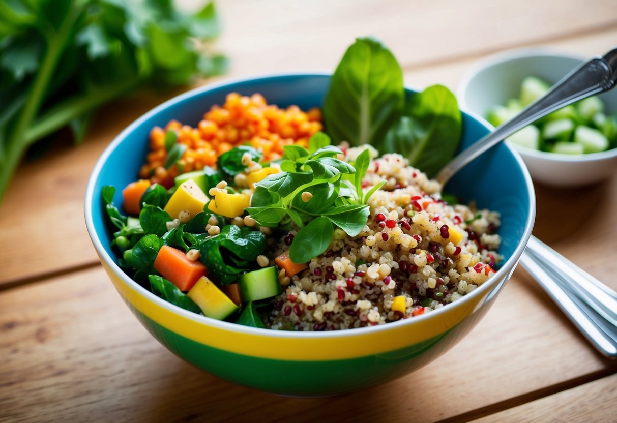 A colorful bowl filled with quinoa, mixed vegetables, and vibrant greens, perfect for a quick and healthy lunch on the go