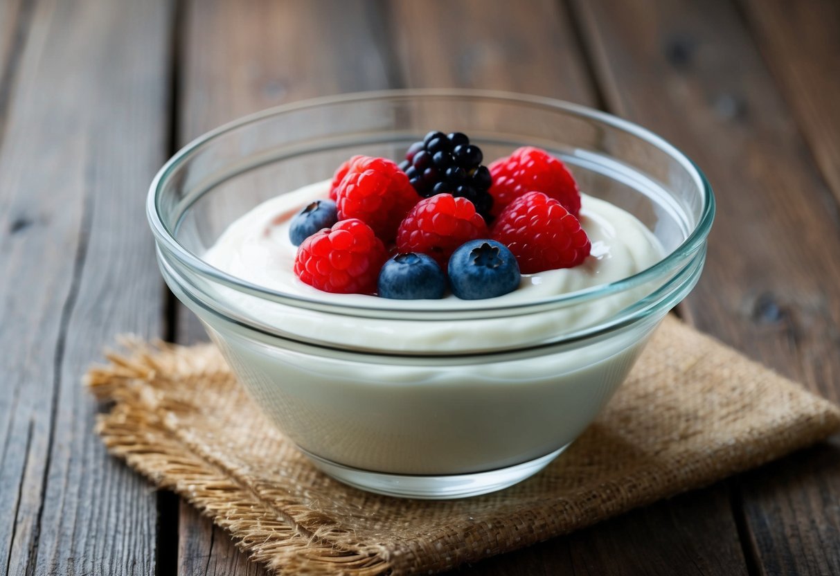 A clear glass bowl filled with creamy Greek yogurt topped with a colorful assortment of fresh berries, placed on a rustic wooden table