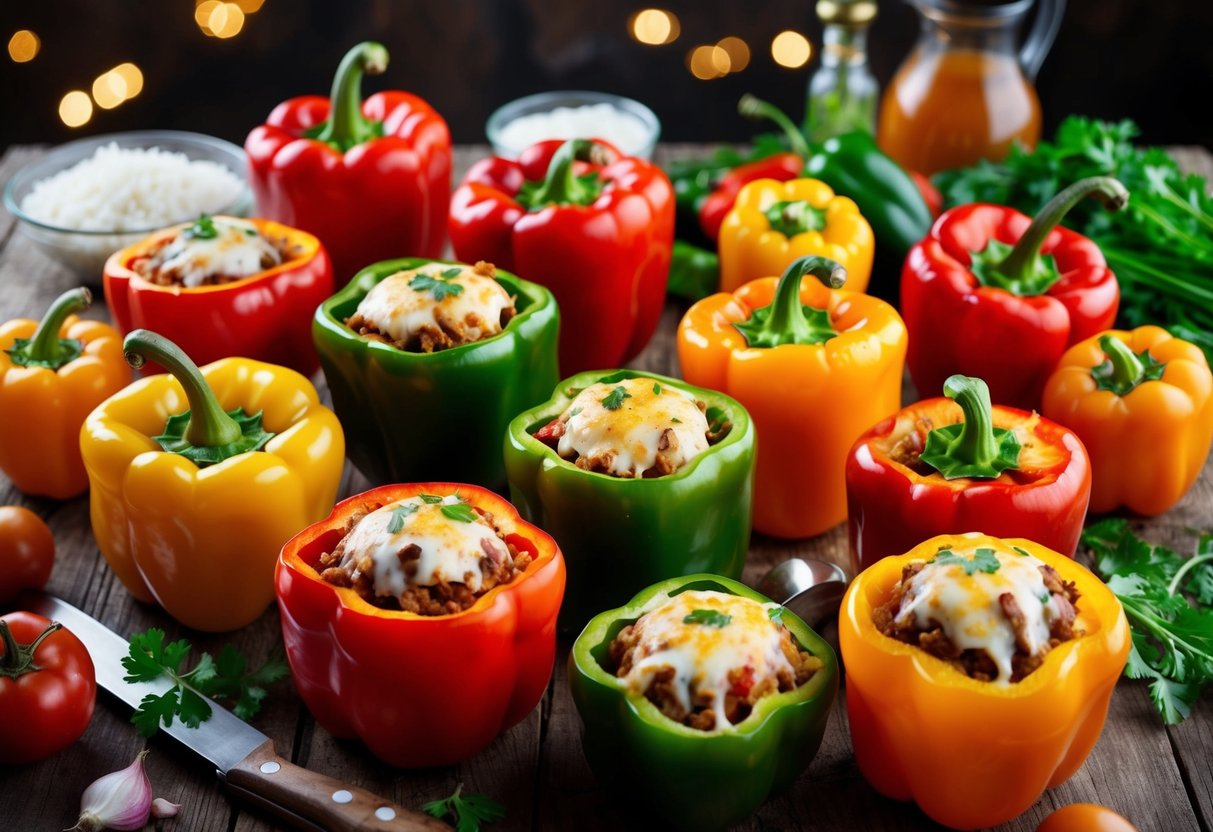 A colorful array of stuffed bell peppers arranged on a rustic wooden table, surrounded by fresh ingredients and cooking utensils