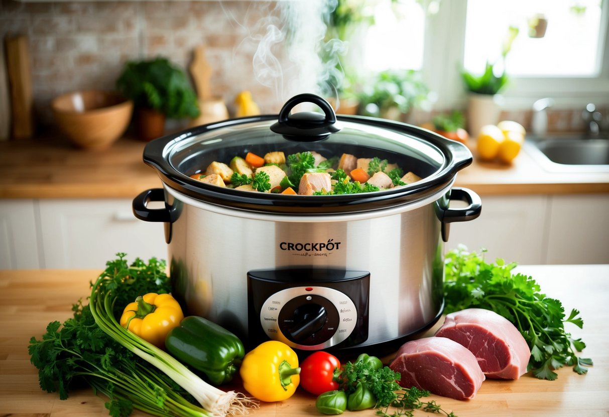 A crockpot surrounded by fresh vegetables, herbs, and lean meats, with steam rising and a wholesome aroma filling the kitchen