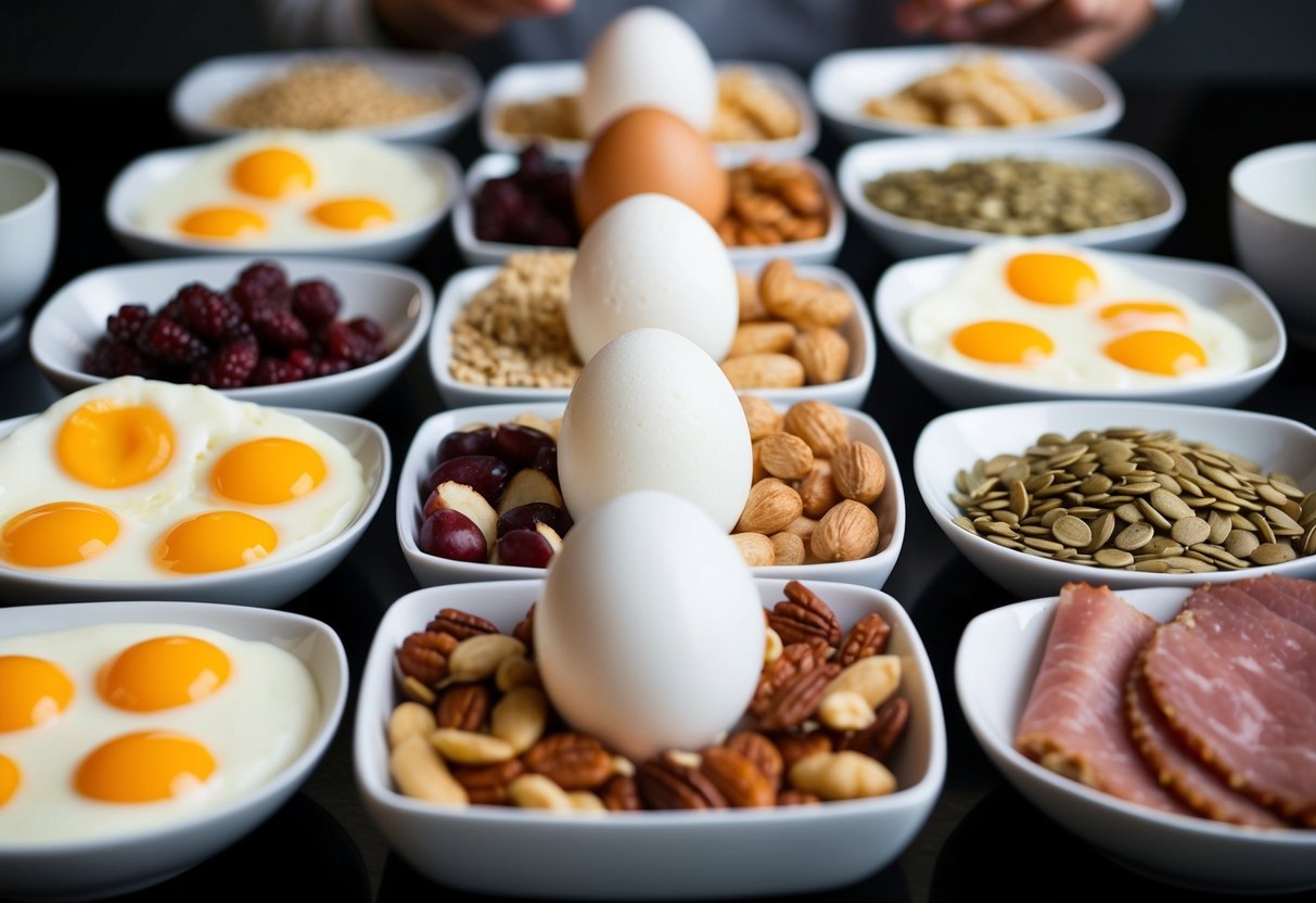 A table with a variety of high protein breakfast options, such as eggs, Greek yogurt, nuts, seeds, and lean meats, displayed in an organized and appetizing manner