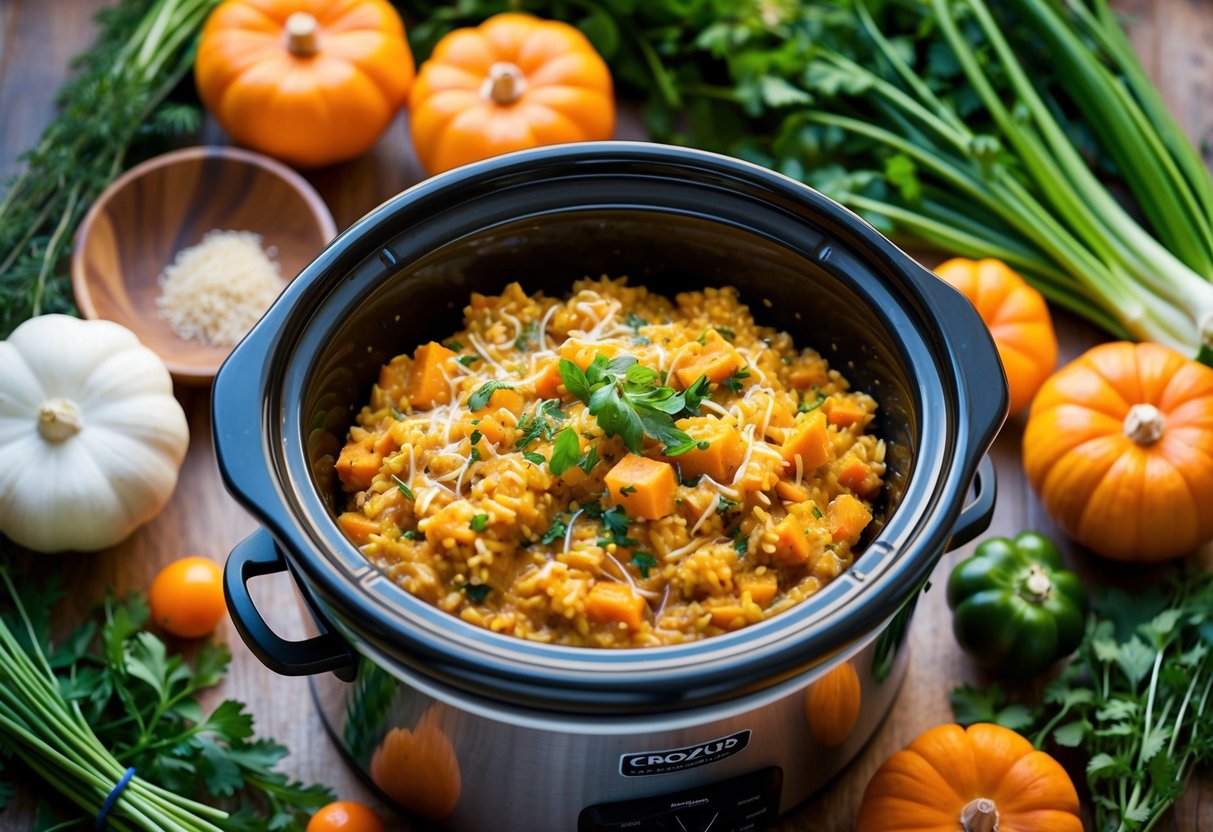 A crockpot filled with creamy butternut squash risotto surrounded by fresh, colorful vegetables and herbs