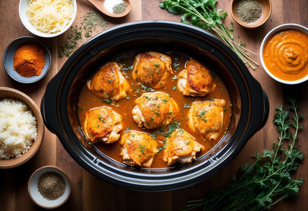 A crock pot filled with 10 buffalo ranch chicken thighs simmering in a rich, savory sauce, surrounded by aromatic herbs and spices