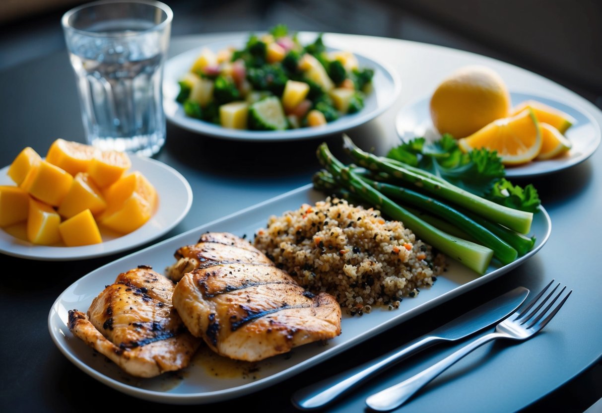 A table set with a balanced meal: grilled chicken, steamed vegetables, and a side of quinoa. A glass of water and a plate of fresh fruit complete the scene