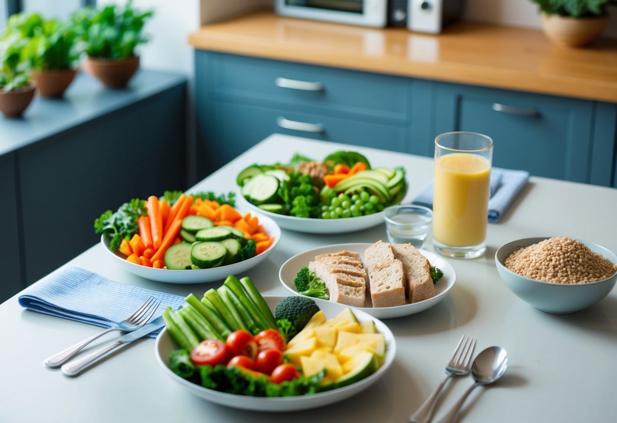 A neatly arranged meal plan with balanced portions of vegetables, lean proteins, and whole grains on a clean, organized table