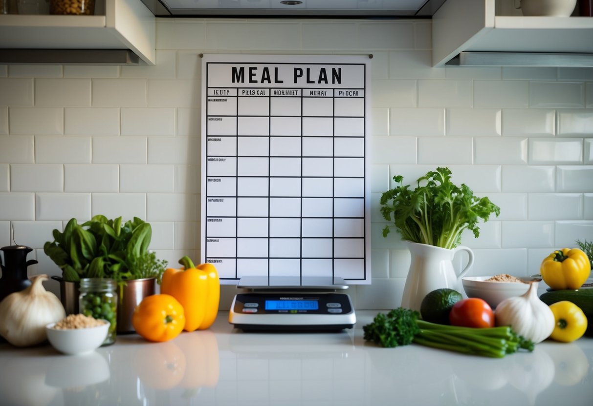 A kitchen counter with a neatly arranged meal plan chart, a digital scale, and various fresh ingredients ready for preparation