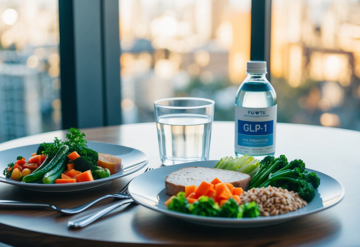 A table set with a balanced meal of vegetables, lean protein, and whole grains, accompanied by a glass of water and a bottle of GLP-1 medication