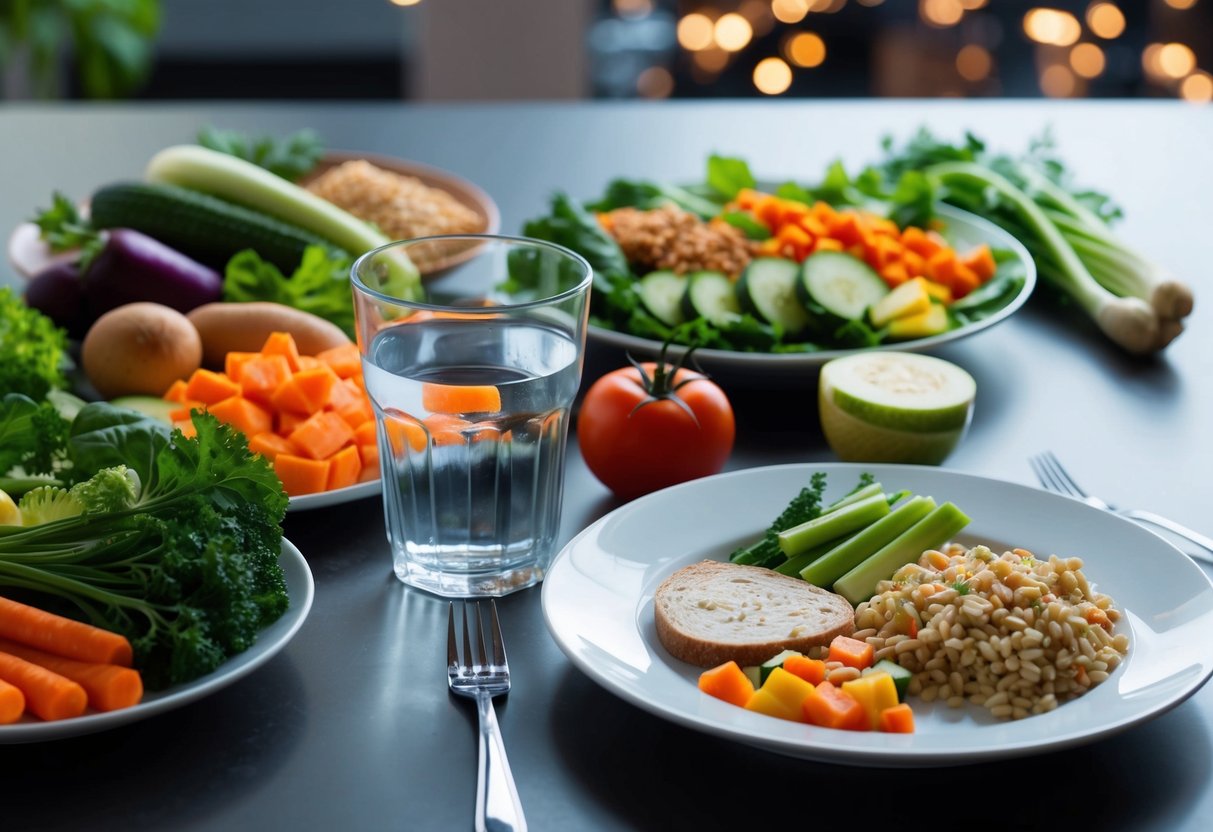 A table set with a variety of colorful, healthy foods including vegetables, lean proteins, and whole grains. A glass of water and a plate with portioned meal