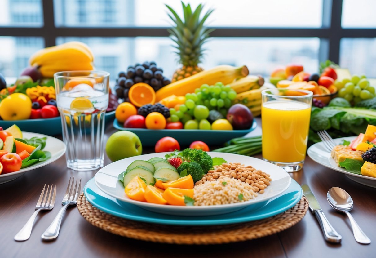 A table set with a colorful array of fresh fruits, vegetables, whole grains, and lean proteins, with a glass of water and a plate of balanced meal