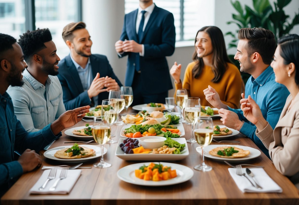 A table set with a balanced meal, surrounded by friends chatting and enjoying a social event