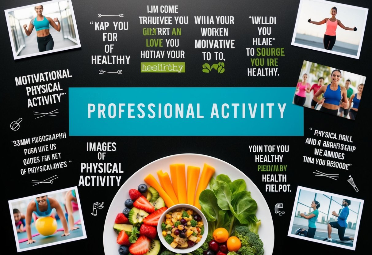 A colorful plate of healthy food surrounded by motivational quotes and images of physical activity