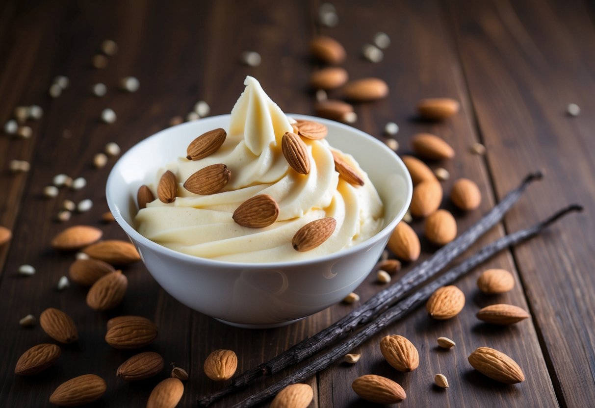 A bowl of Vanilla Almond Delight Ninja Creami sits on a wooden table surrounded by a scattering of almonds and vanilla beans