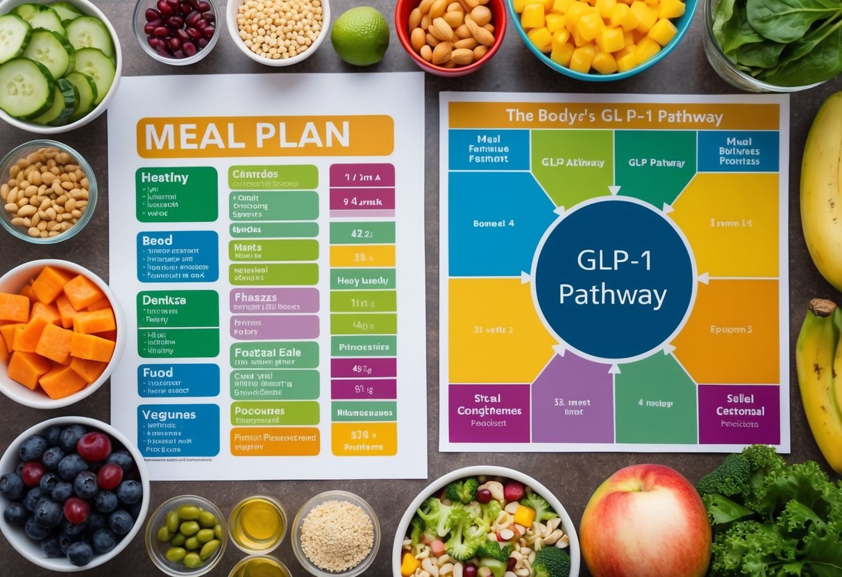 A colorful meal plan spread out on a table with various healthy foods and portion sizes, alongside a labeled diagram of the body's GLP-1 pathway