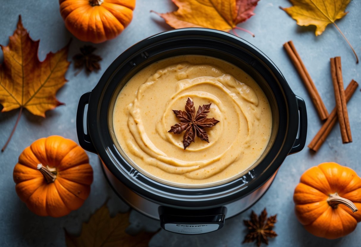 A crockpot filled with creamy pumpkin spice custard surrounded by fall leaves and cinnamon sticks