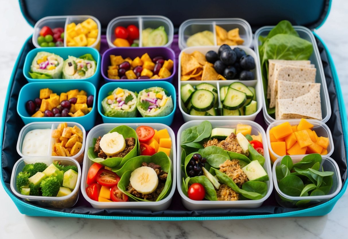 A colorful array of 25 high-protein lunch options neatly arranged in a bento box or lunch bag, including salads, wraps, and protein-packed snacks