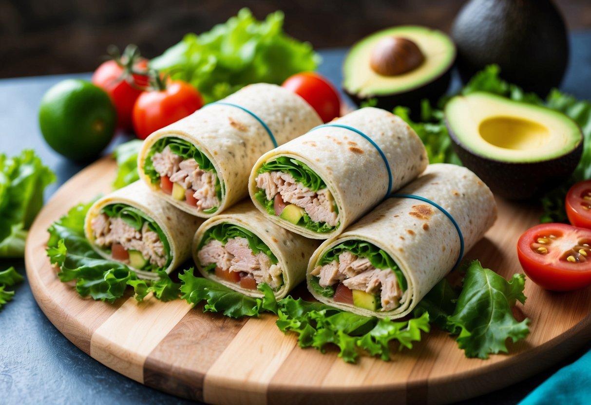 A colorful array of tuna salad wraps arranged neatly on a wooden cutting board, surrounded by fresh ingredients like lettuce, tomatoes, and avocados