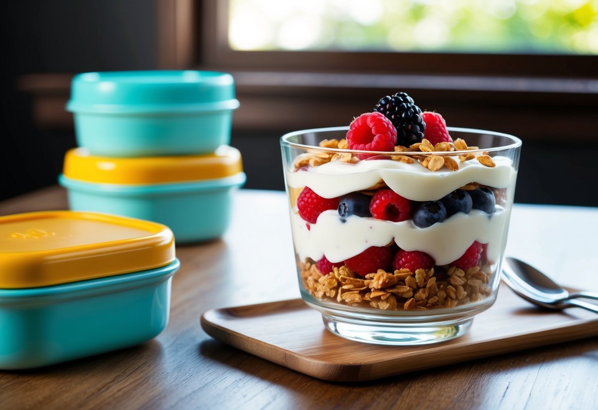 A clear glass parfait dish filled with layers of Greek yogurt, fresh berries, and granola, placed on a wooden table next to a stack of lunch containers