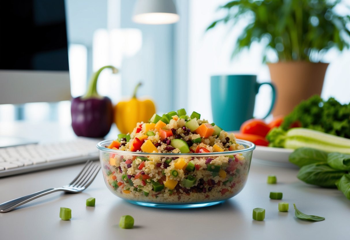 A colorful quinoa salad sits in a clear lunch container surrounded by fresh vegetables and a fork. The background is a simple office desk with a computer and a mug of coffee