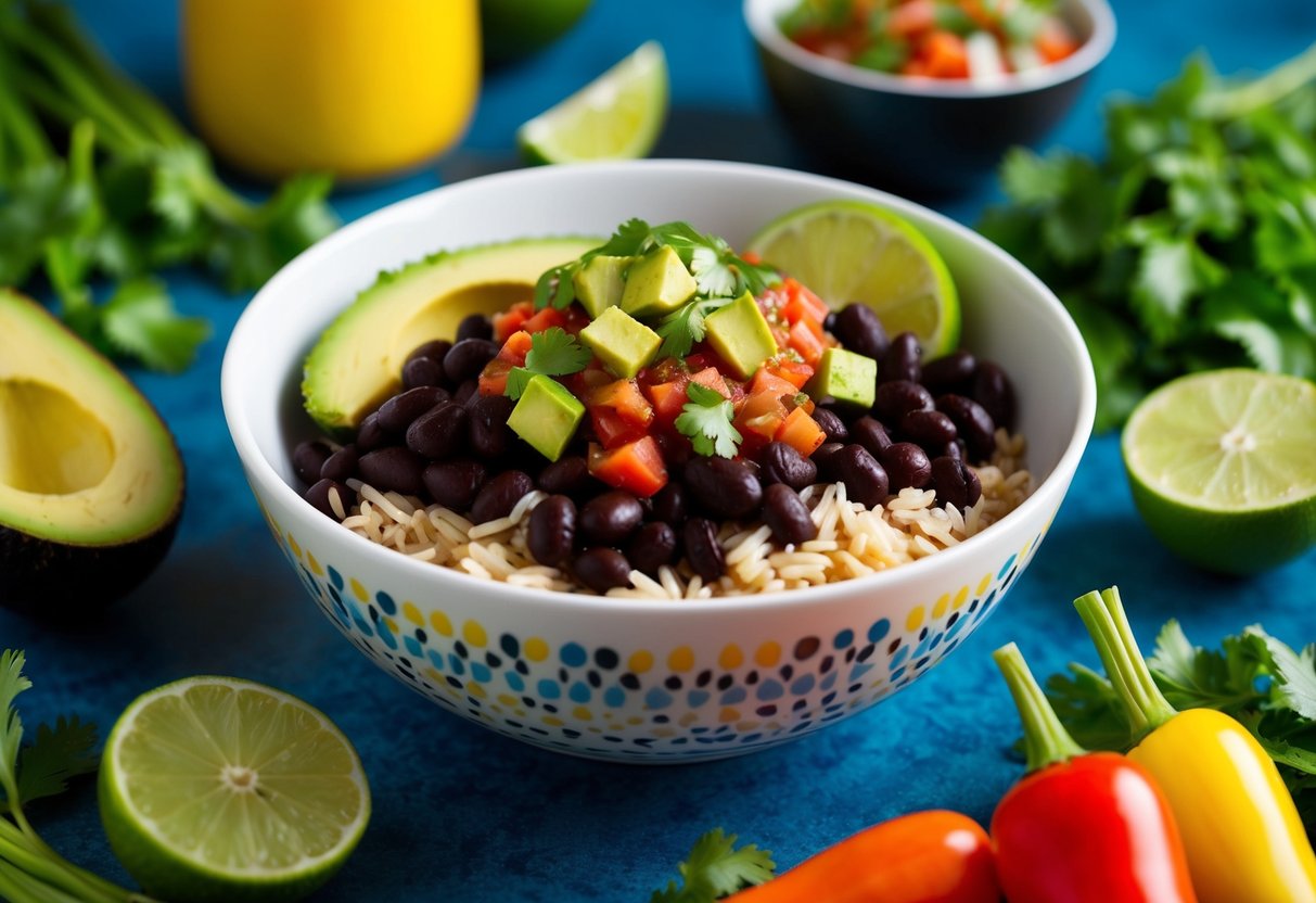 A colorful bowl filled with black beans, rice, avocado, and salsa, surrounded by fresh vegetables and a lime wedge