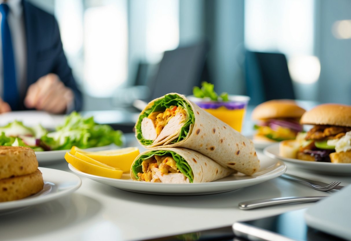 A chicken wrap surrounded by a variety of other lunch items on a desk or table in a work setting