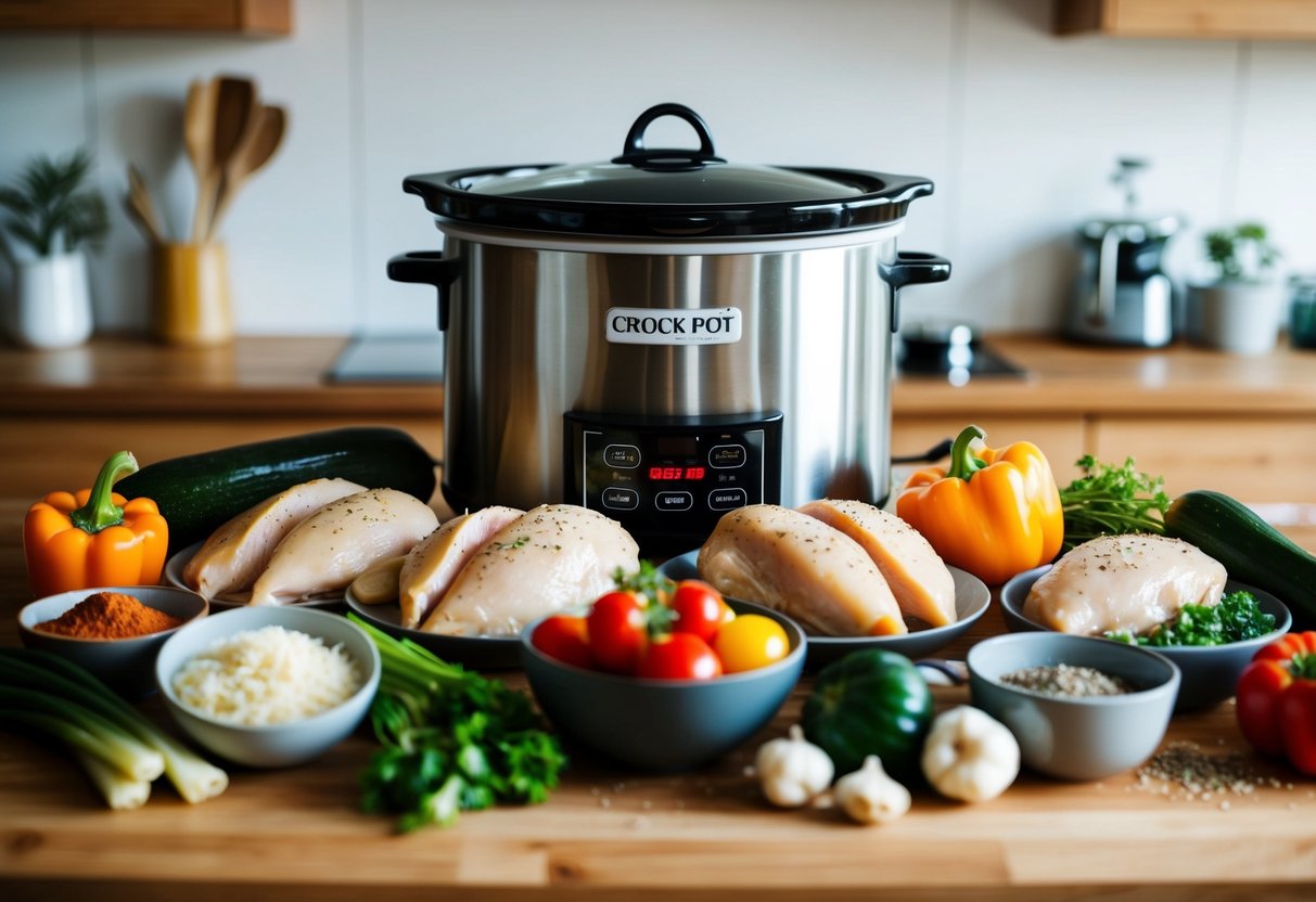 A crock pot surrounded by 20 chicken breasts, various vegetables, and seasonings on a kitchen counter