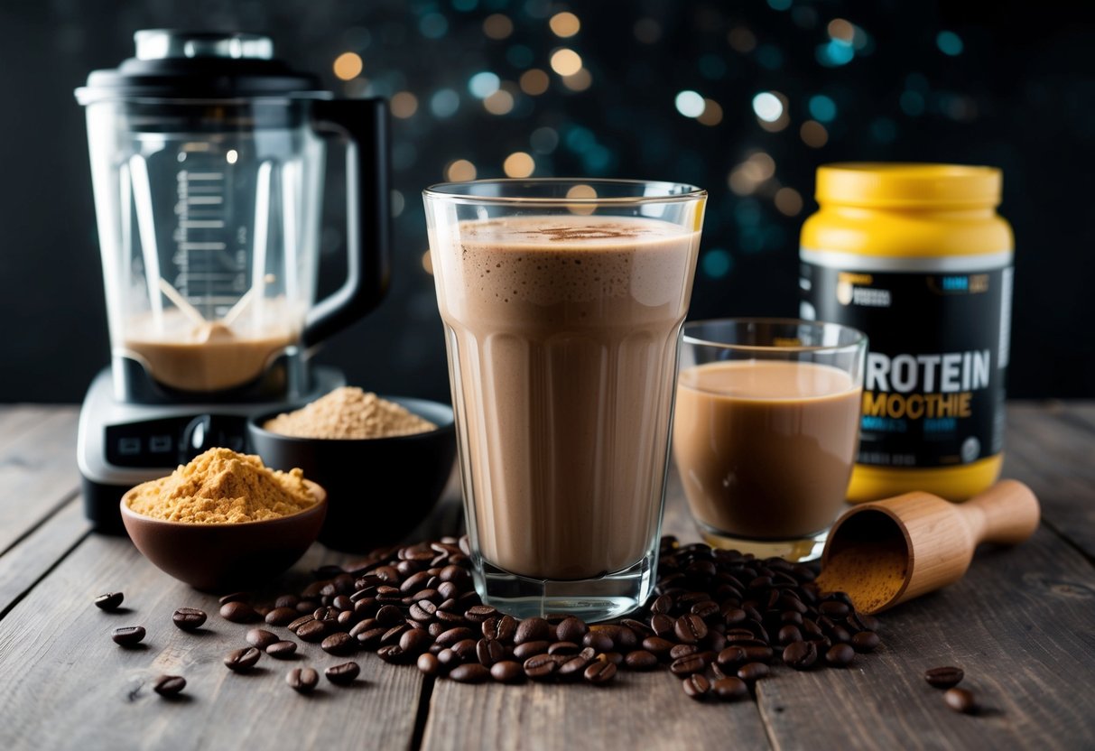 A glass of mocha espresso protein smoothie surrounded by ingredients like coffee beans, protein powder, and a blender