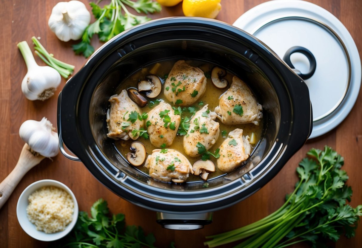 A crock pot filled with garlic mushroom chicken, surrounded by fresh ingredients and cooking utensils