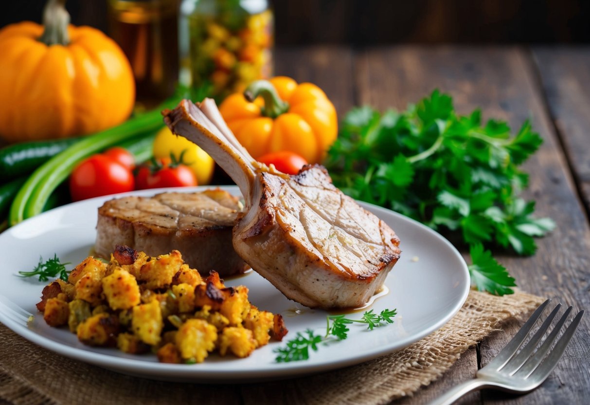 A plate of pork chops with a side of golden-brown stuffing, surrounded by colorful vegetables and herbs, set on a rustic wooden table