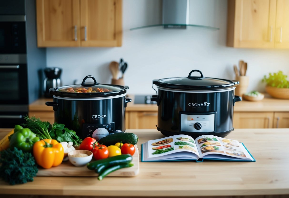 A kitchen counter with a variety of fresh ingredients, a crock pot, and a cookbook open to a page of easy, healthy, and cheap meal recipes