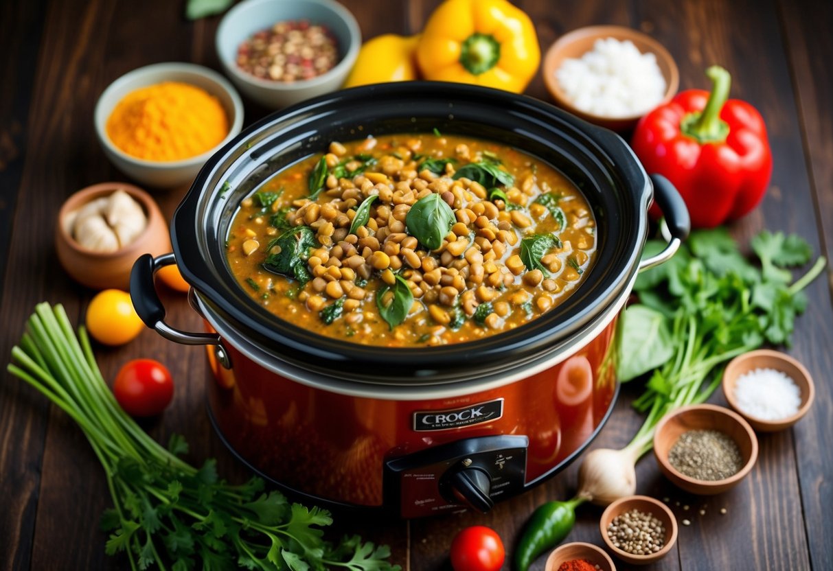 A colorful crock pot filled with lentil and spinach curry surrounded by various fresh ingredients and spices