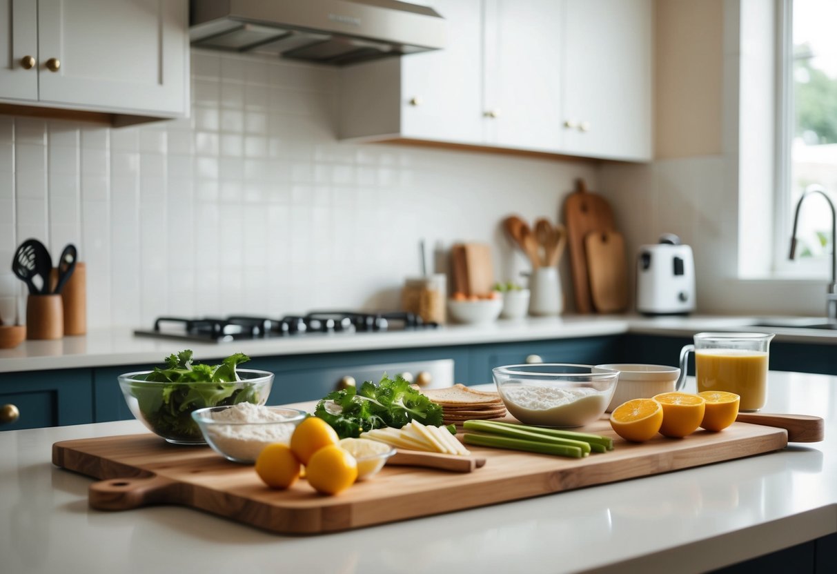 A kitchen counter with various ingredients and utensils laid out to make easy snacks at home