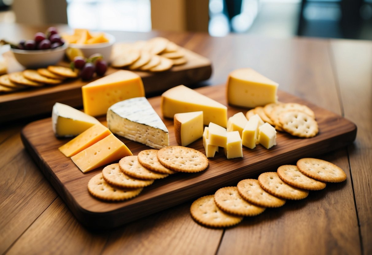 A wooden cutting board with a variety of cheeses and crackers arranged in an appetizing display