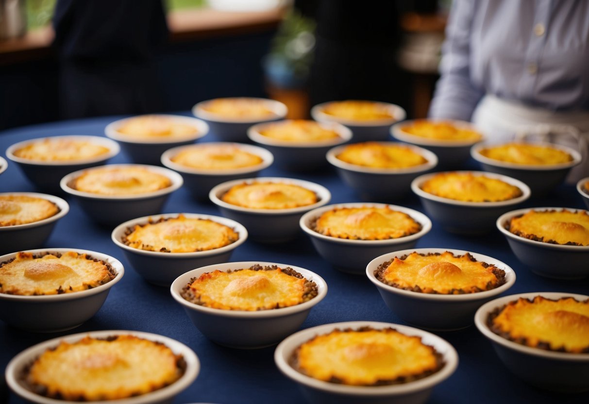 A table set with 20 individual servings of shepherd's pie, each neatly prepared and ready to be enjoyed