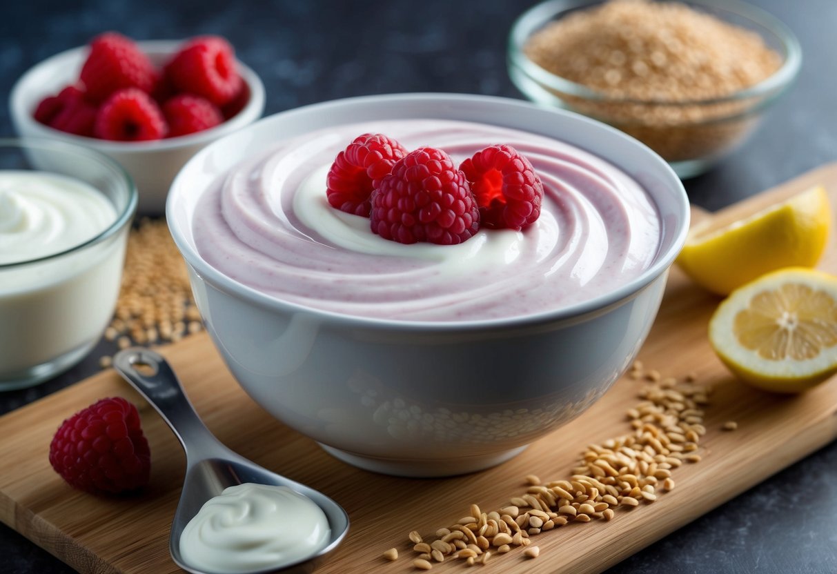 A bowl of raspberry Greek yogurt with a swirl pattern on top, surrounded by ingredients for high protein ninja creami recipes