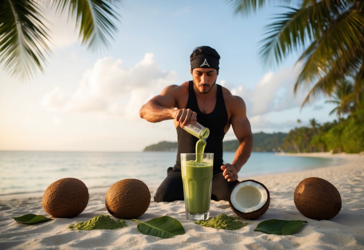 A serene tropical beach with coconuts and matcha leaves scattered around, a ninja warrior blending a protein smoothie