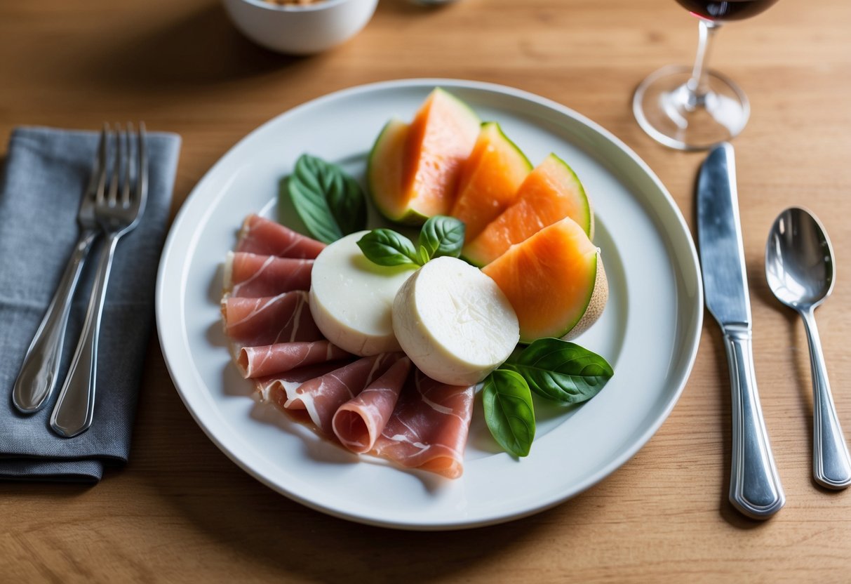 A plate with prosciutto, mozzarella, and melon arranged in a visually appealing manner. The colors and textures of the food create an appetizing and high-protein meal