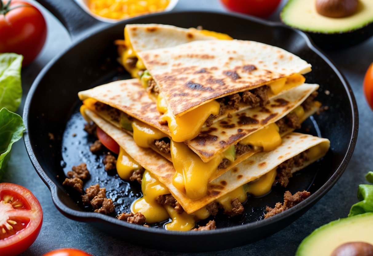 A sizzling skillet with golden-brown quesadillas oozing with melted cheese and savory ground beef, surrounded by vibrant ingredients like tomatoes, lettuce, and avocado