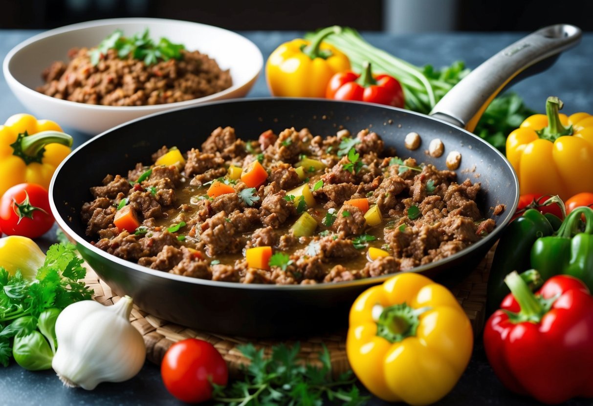 A family-sized skillet filled with various ground beef dishes surrounded by colorful vegetables and herbs