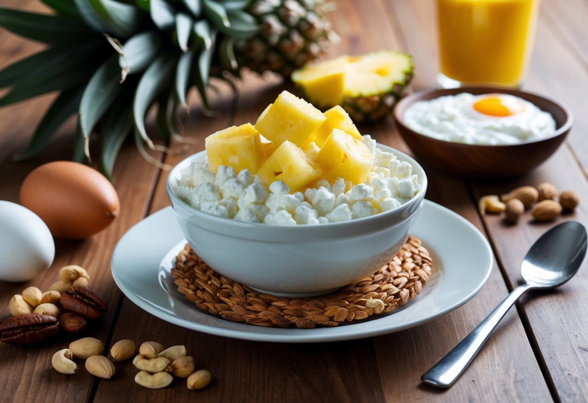 A bowl of cottage cheese topped with chunks of pineapple sits on a wooden table, surrounded by a variety of high-protein breakfast items like eggs, nuts, and yogurt