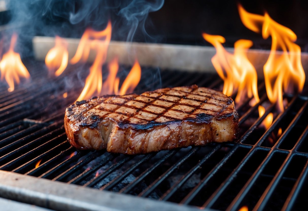 A sizzling ribeye steak on a hot grill, surrounded by flames and smoke, with a charred and juicy exterior