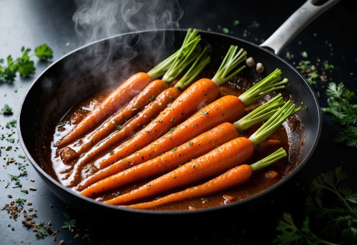 A skillet of carrots in a rich brown sugar glaze, steaming and glistening, surrounded by scattered herbs and spices