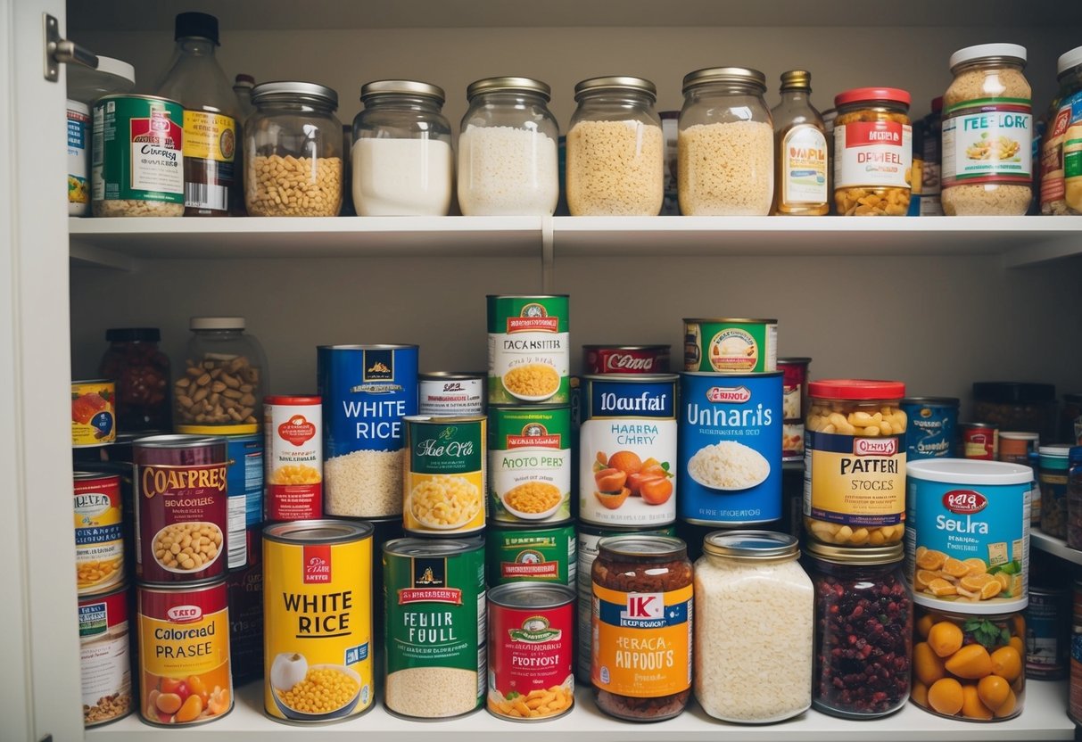 A pantry shelf stocked with 25 items including white rice, canned goods, and dried fruits