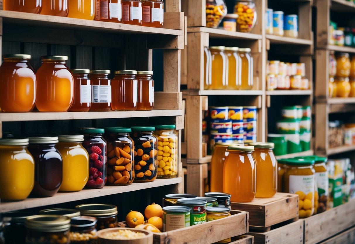 A wooden crate filled with jars of honey, canned goods, dried fruits, and other non-perishable items stacked neatly on shelves