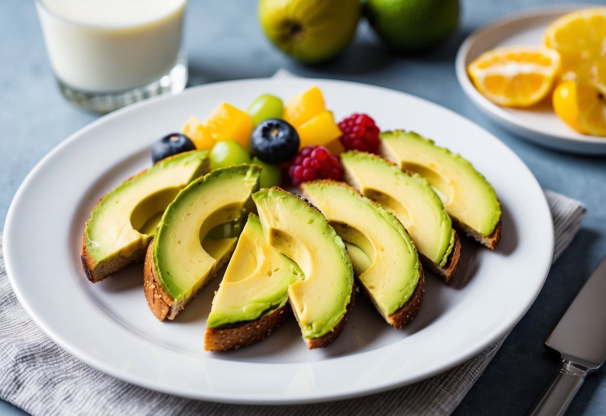 Slices of avocado toast arranged like soldiers on a plate, surrounded by colorful fruits and a glass of milk