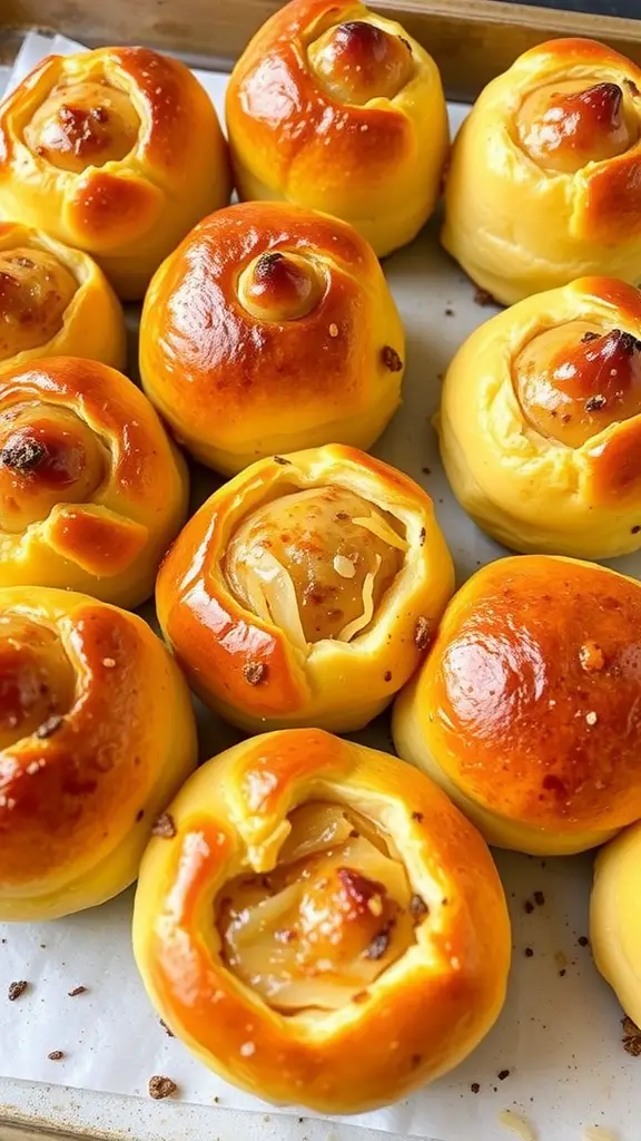 A tray of freshly baked sauerkraut and cheese bombs, golden brown and fluffy.